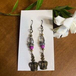 Elegant Crown Drop Earrings with Pink Accents